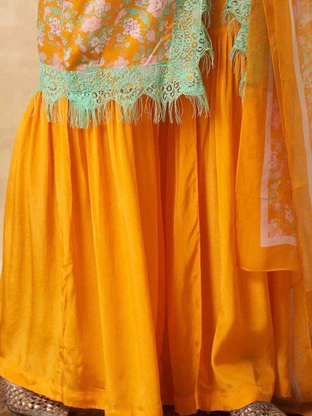 Satin Yellow Floral Lace-Trim Kurta with Mint Accents, Wide-Leg Sharara Set